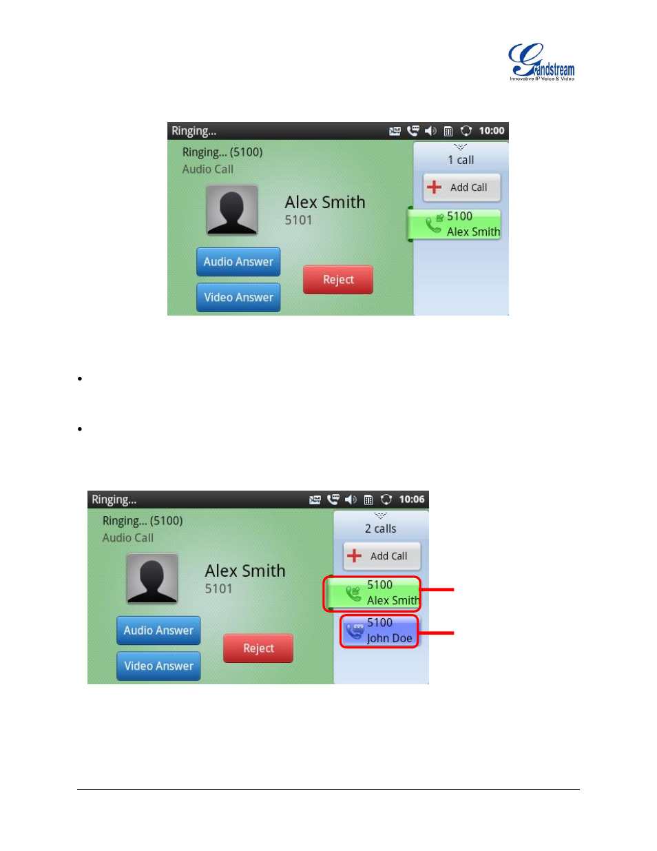 Figure 27 : single incoming call, Figure 28 : multiple incoming calls | Grandstream GXP2200 User Manual User Manual | Page 43 / 162