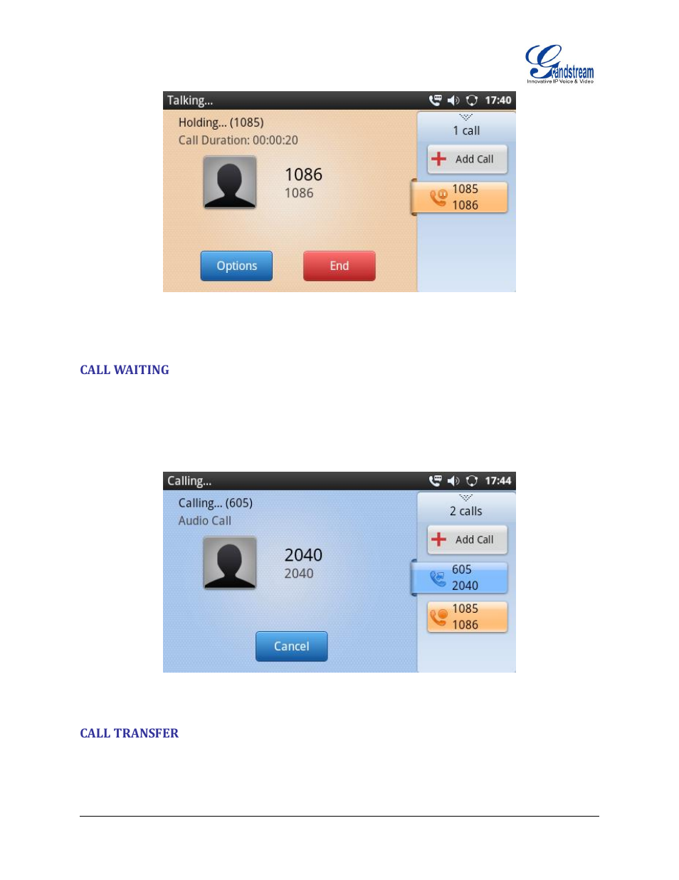 Call waiting, Call transfer, Figure 32 : call on hold | Figure 33 : gxp2200 multiple calls screen | Grandstream GXP2200 User Manual User Manual | Page 46 / 162