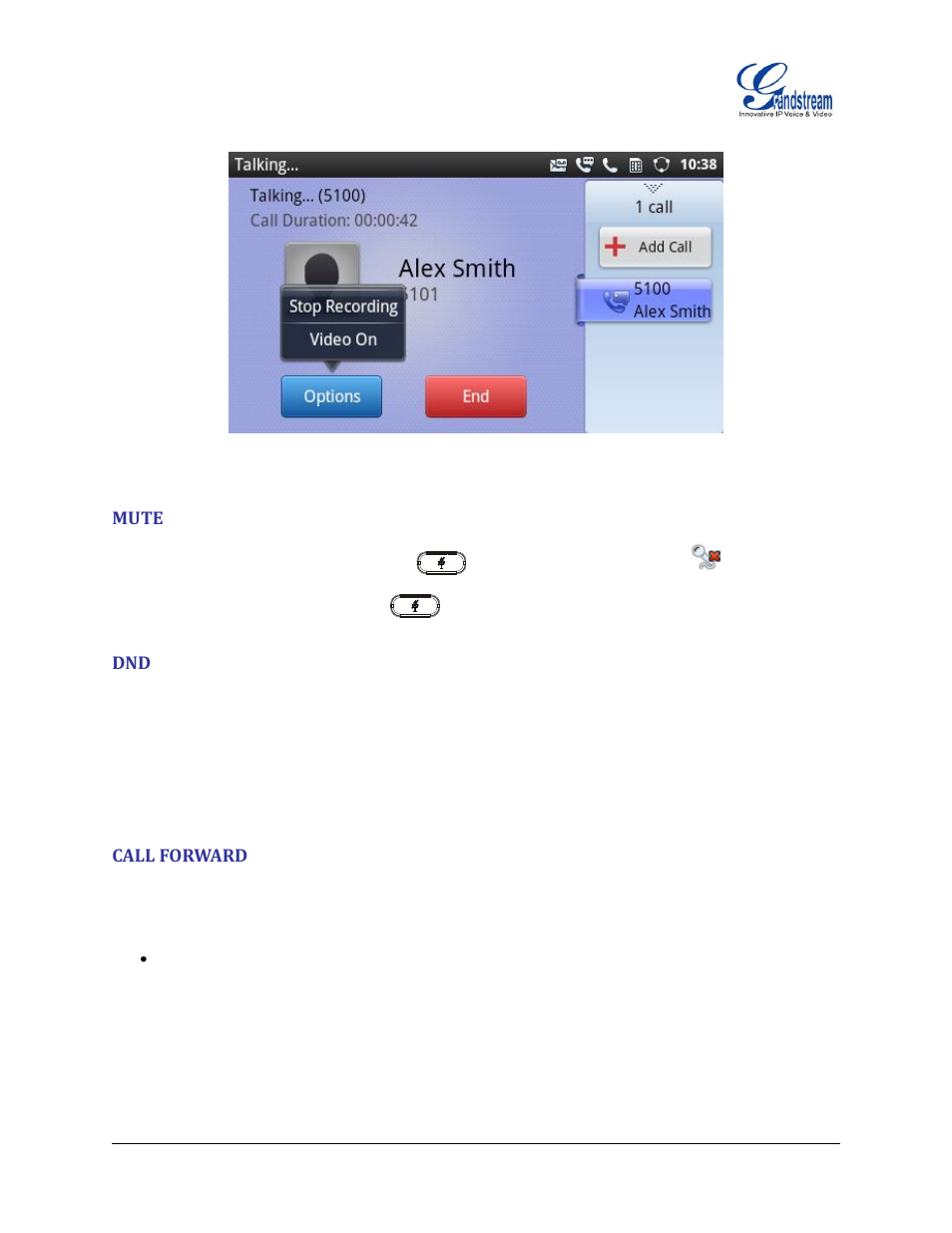 Mute, Call forward, Figure 45 : stop voice record | Grandstream GXP2200 User Manual User Manual | Page 55 / 162