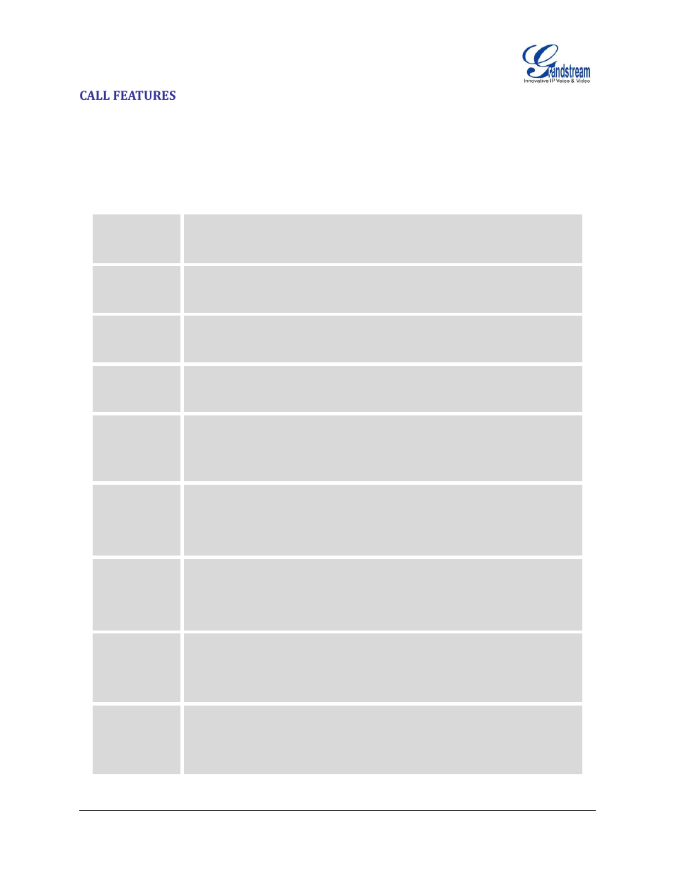 Call features, Table 8 : gxp2200 feature code | Grandstream GXP2200 User Manual User Manual | Page 59 / 162