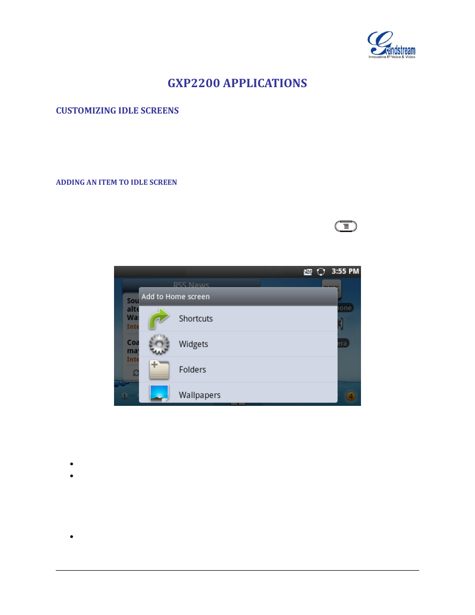 Gxp2200 applications, Customizing idle screens, Adding an item to idle screen | Figure 52 : add item to home screen | Grandstream GXP2200 User Manual User Manual | Page 61 / 162