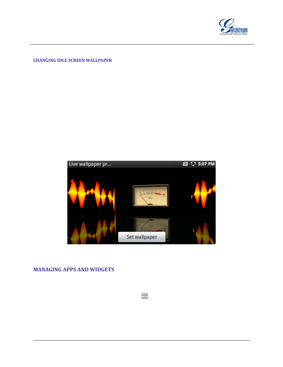 Changing idle screen wallpaper, Managing apps and widgets, Figure 53 : set wallpaper from live wallpapers | Grandstream GXP2200 User Manual User Manual | Page 63 / 162