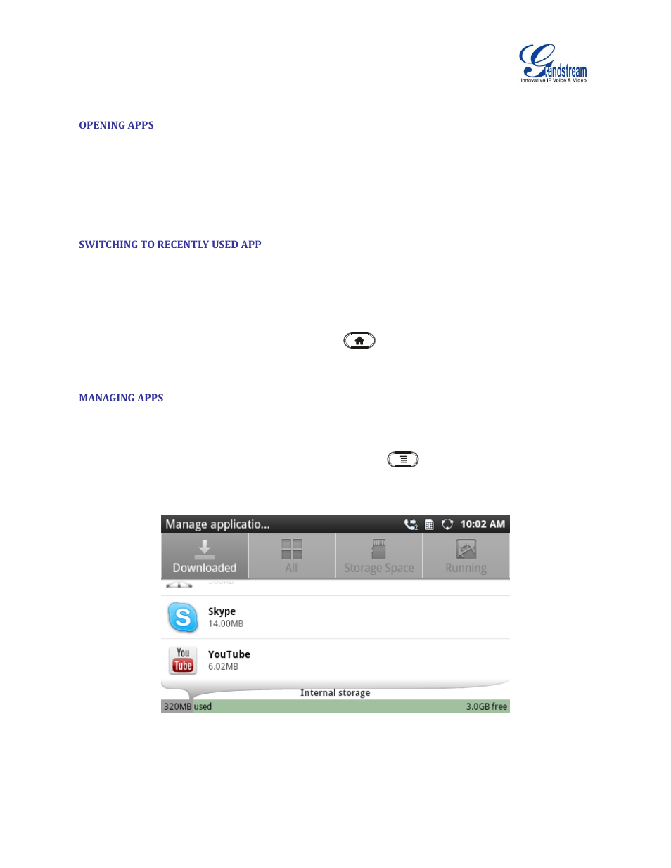 Opening apps, Switching to recently used app, Managing apps | Figure 56 : manage application screen | Grandstream GXP2200 User Manual User Manual | Page 65 / 162