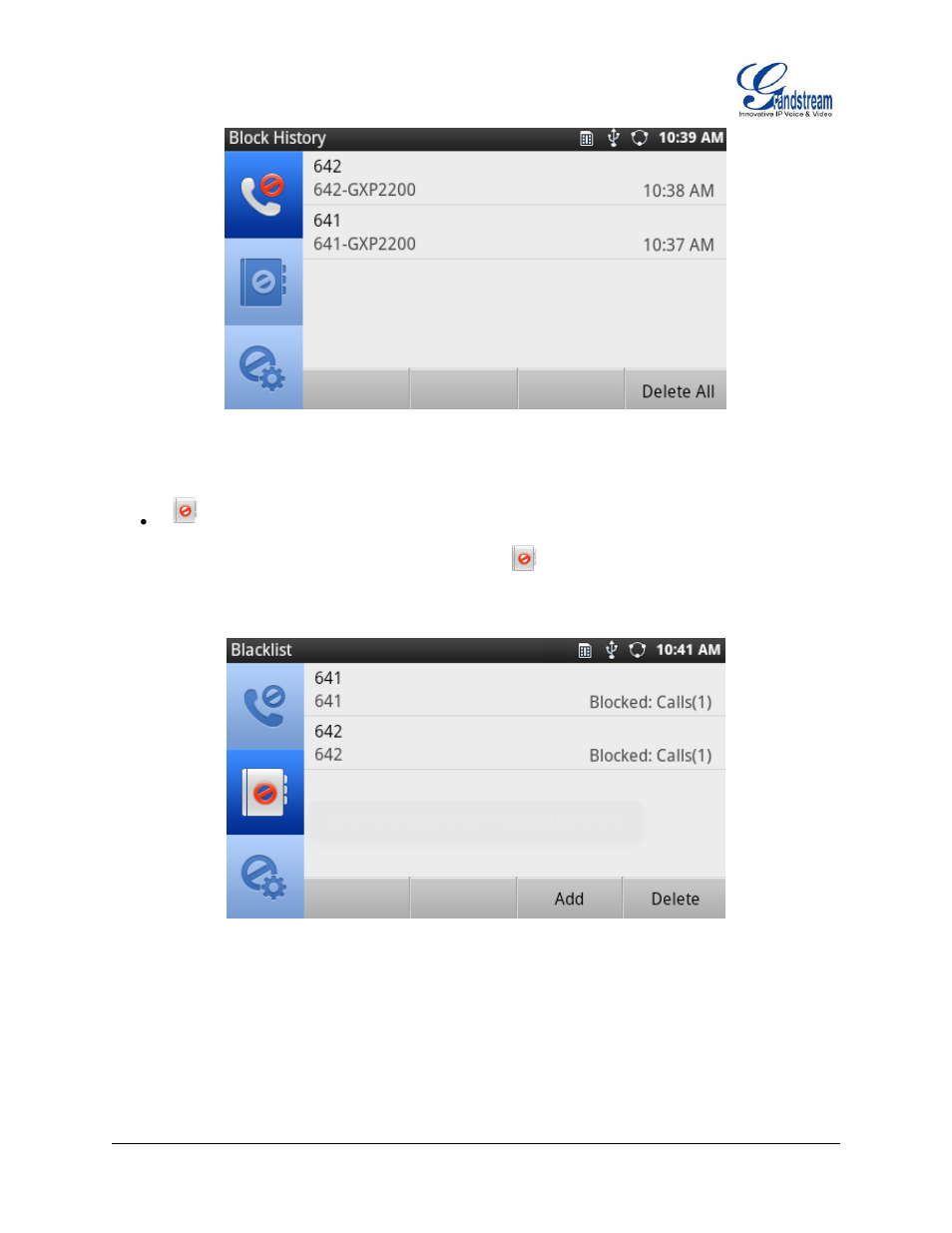 Figure 59 : gxp2200 blacklist - block history, Figure 60 : gxp2200 blacklist | Grandstream GXP2200 User Manual User Manual | Page 69 / 162