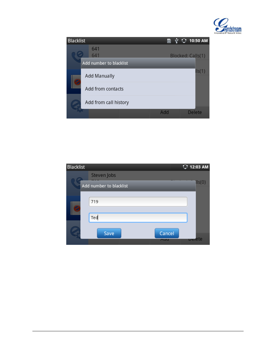 Figure 61 : add number to blacklist, Figure 62 : manually add number to blacklist | Grandstream GXP2200 User Manual User Manual | Page 70 / 162