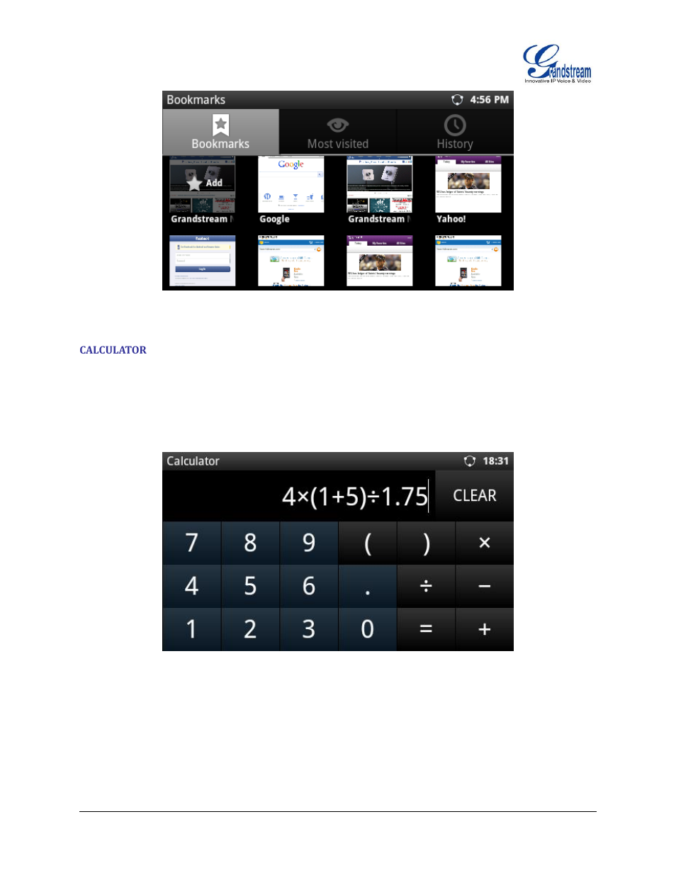 Calculator, Figure 68 : gxp2200 web browser-bookmarks, Figure 69 : gxp2200 calculator - basic panel | Grandstream GXP2200 User Manual User Manual | Page 74 / 162