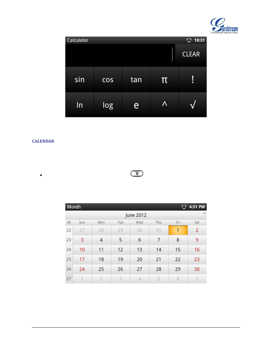 Calendar, Figure 70 : gxp2200 calculator - advanced panel, Figure 71 : view calendar events by month | Grandstream GXP2200 User Manual User Manual | Page 75 / 162