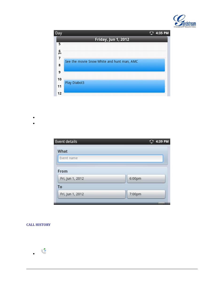 Call history, Figure 72 : view calendar events by day, Figure 73 : gxp2200 calendar screen - edit event | Grandstream GXP2200 User Manual User Manual | Page 76 / 162