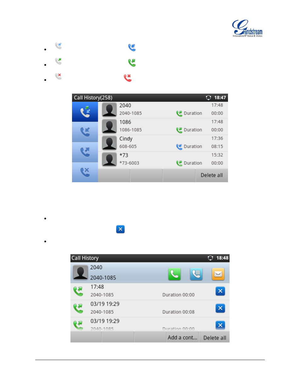 Figure 74 : gxp2200 call history - all calls | Grandstream GXP2200 User Manual User Manual | Page 77 / 162