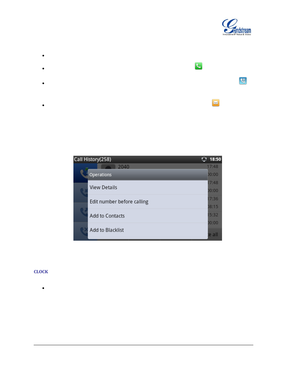 Clock, Figure 75 : gxp2200 call history - entry details | Grandstream GXP2200 User Manual User Manual | Page 78 / 162