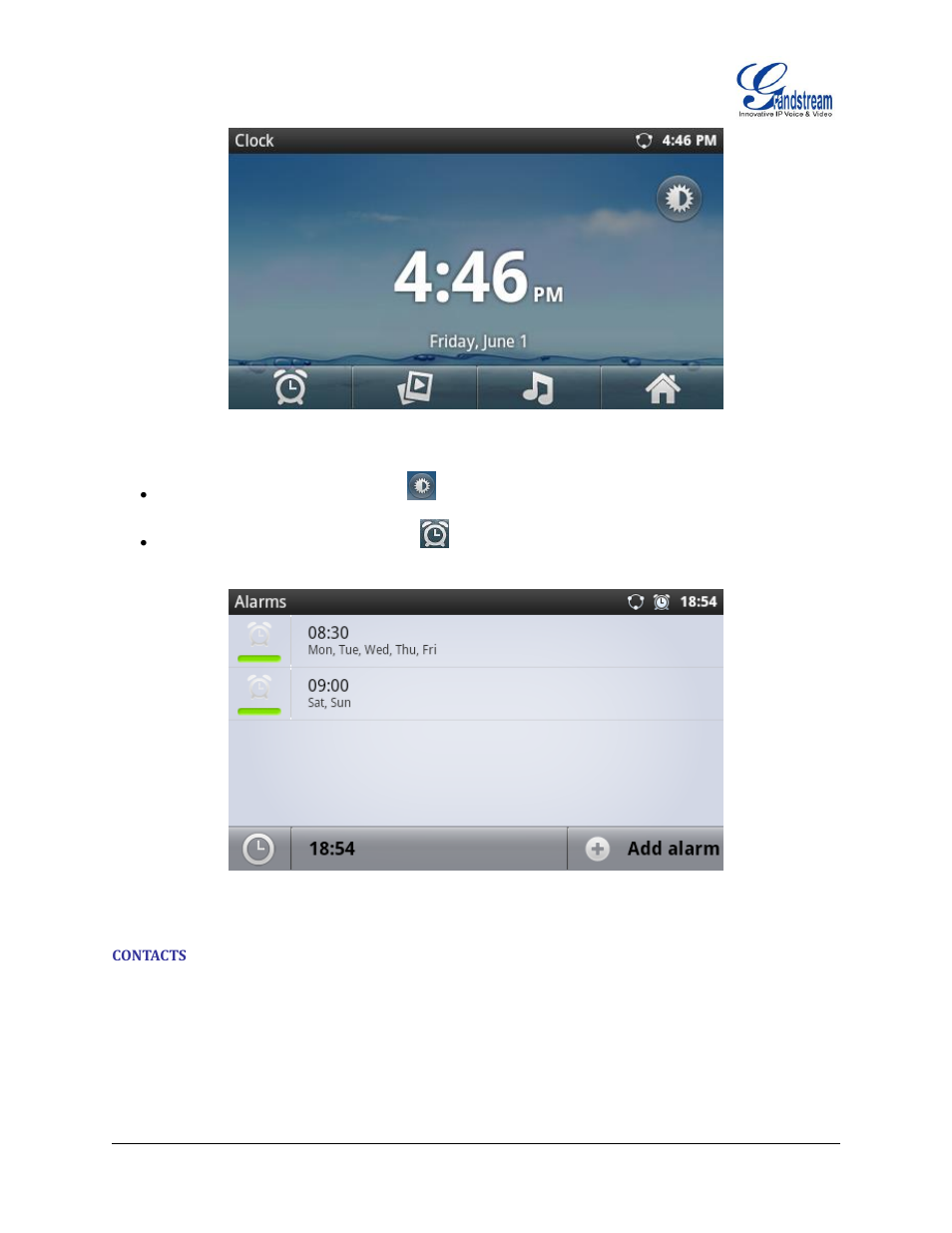 Contacts, Figure 77 : gxp2200 clock screen, Figure 78 : gxp2200 alarm screen | Grandstream GXP2200 User Manual User Manual | Page 79 / 162