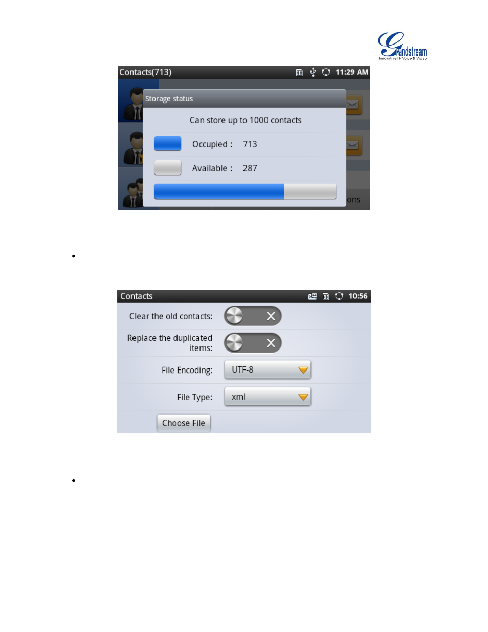 Figure 82 : gxp2200 contacts - storage status, Figure 83 : gxp2200 contacts - import file | Grandstream GXP2200 User Manual User Manual | Page 82 / 162