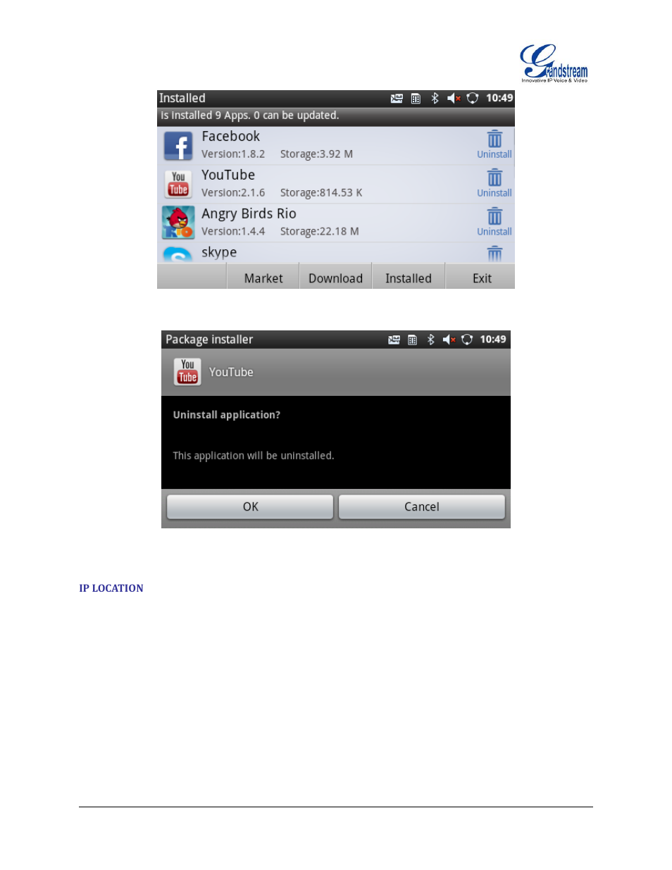 Ip location, Figure 95 : gxp2200 gs market - installed, Figure 96 : gxp2200 gs market - confirm uninstall | Grandstream GXP2200 User Manual User Manual | Page 90 / 162