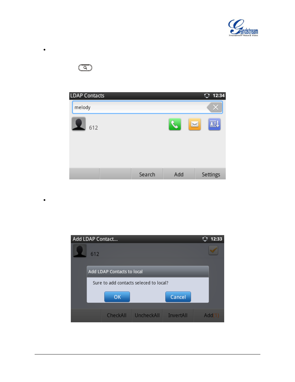 Figure 99 : gxp2200 ldap search result, Figure 100 : add ldap result to local phonebook | Grandstream GXP2200 User Manual User Manual | Page 92 / 162