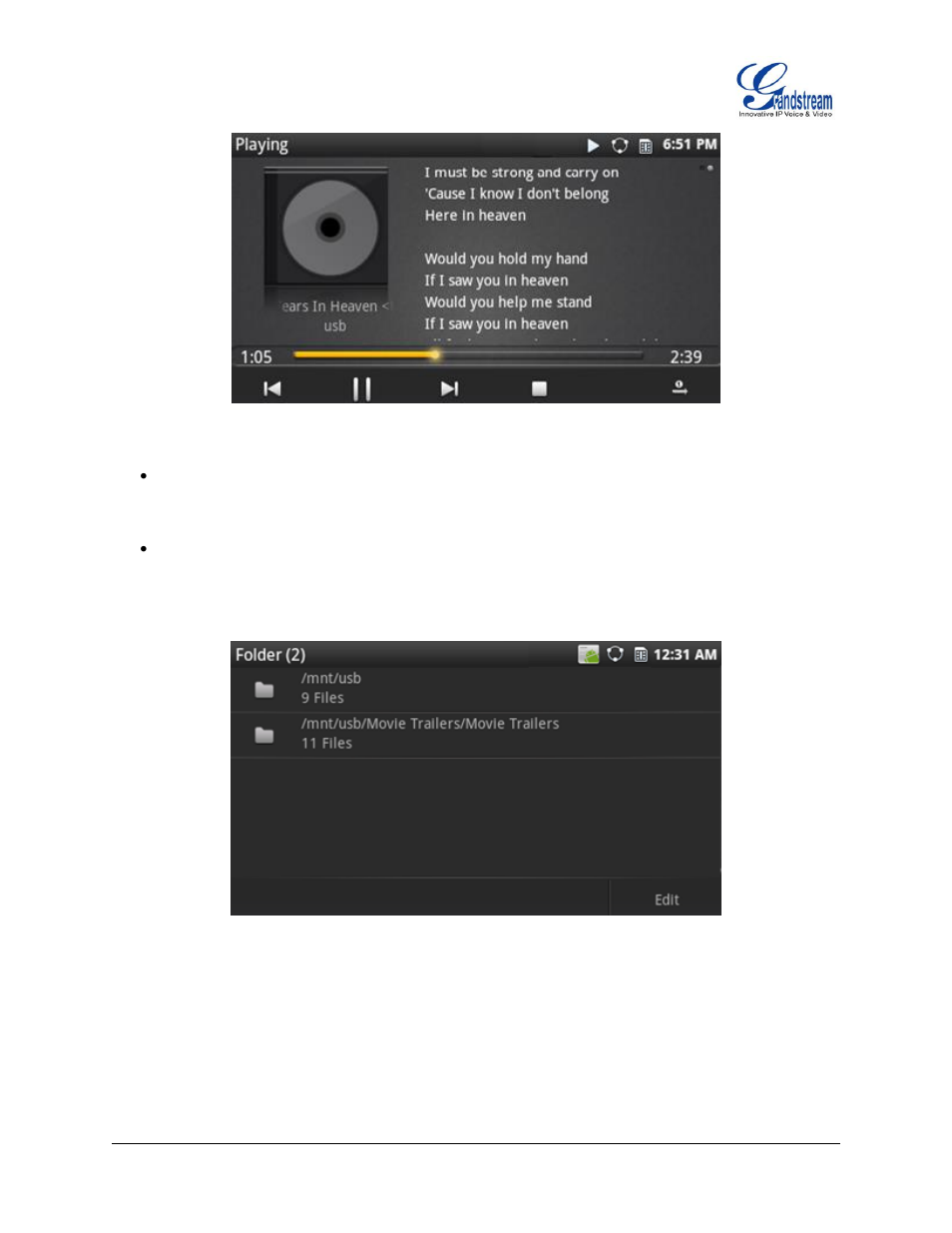 Figure 107 : gxp2200 media player - lyrics, Figure 108 : gxp2200 media player - folder | Grandstream GXP2200 User Manual User Manual | Page 96 / 162