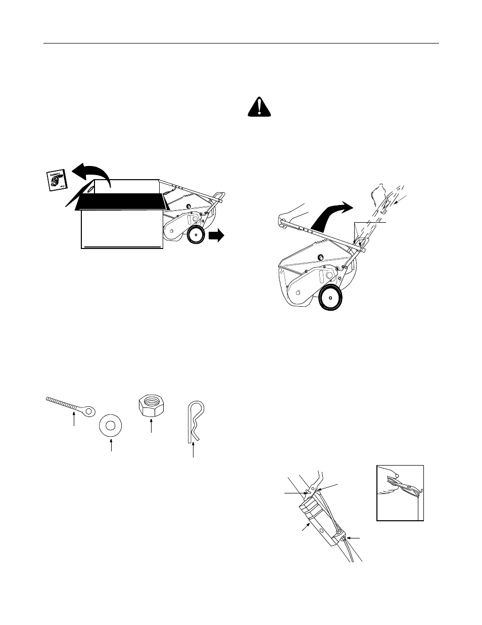 Unpacking from carton, Hardware pack, Items required for assembly | Before assembly, Raising upper handle, Attaching control cable | Cub Cadet 421R User Manual | Page 5 / 20