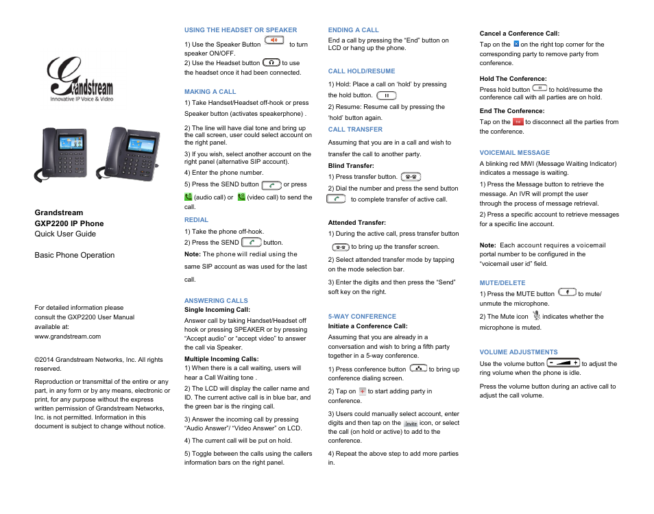 Grandstream GXP2200 Quick User Guide User Manual | 1 page