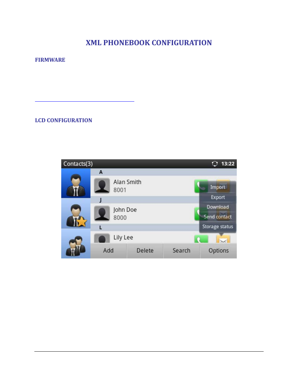 Xml phonebook configuration, Firmware, Lcd configuration | Figure 4: contacts->options | Grandstream GXP2200 XML Phonebook Guide User Manual | Page 7 / 22