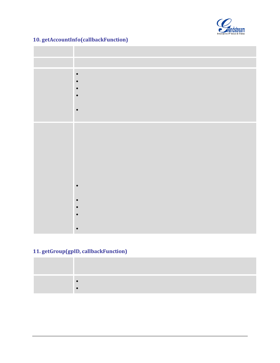 Getaccountinfo(callbackfunction), Getgroup(gpid, callbackfunction) | Grandstream GXP2200 GMI Web Service Guide User Manual | Page 11 / 39