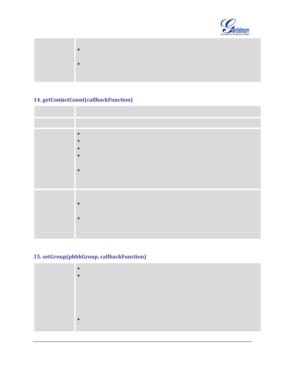 Getcontactcount(callbackfunction), Setgroup(phbkgroup, callbackfunction) | Grandstream GXP2200 GMI Web Service Guide User Manual | Page 14 / 39