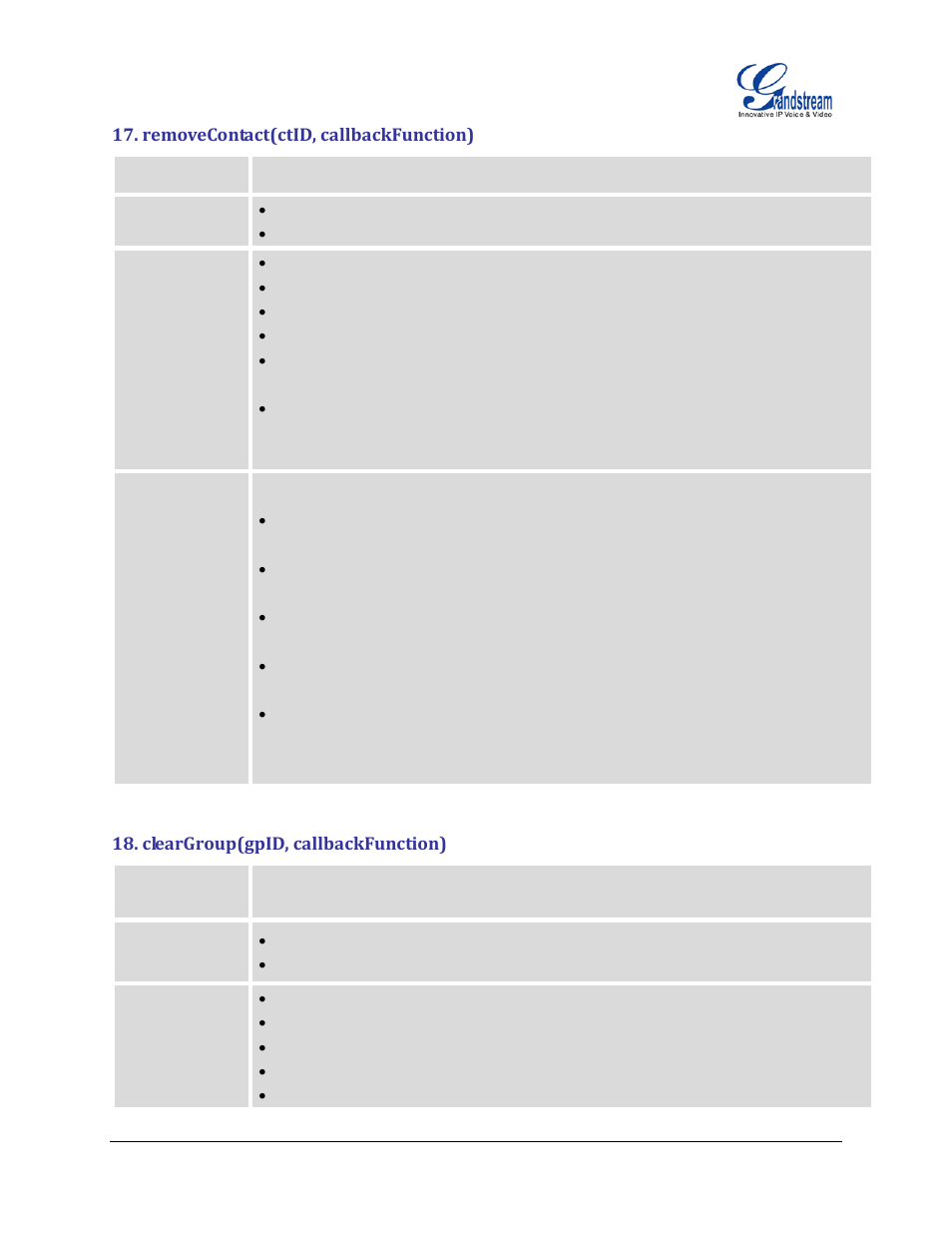 Removecontact(ctid, callbackfunction), Cleargroup(gpid, callbackfunction) | Grandstream GXP2200 GMI Web Service Guide User Manual | Page 17 / 39