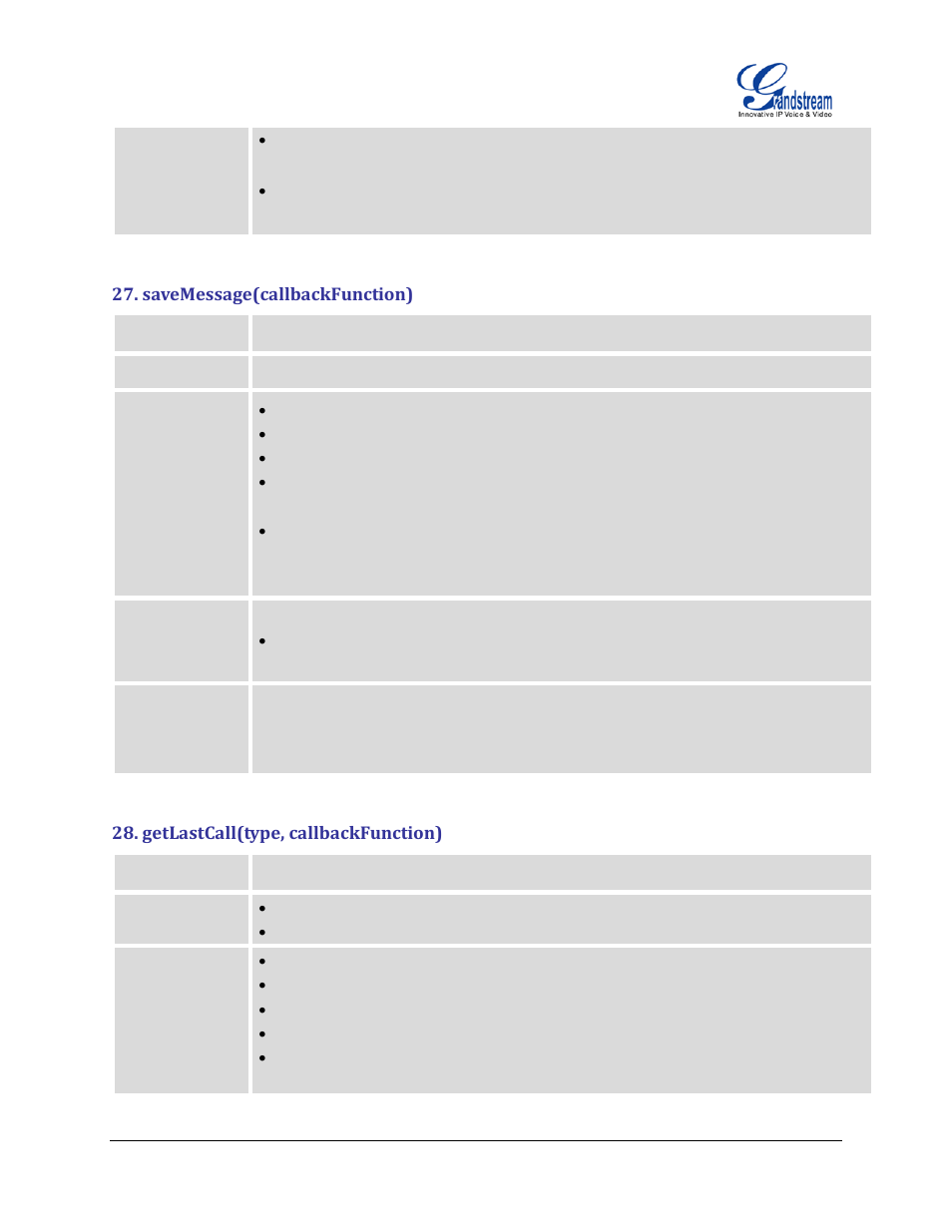 Savemessage(callbackfunction), Getlastcall(type, callbackfunction) | Grandstream GXP2200 GMI Web Service Guide User Manual | Page 27 / 39