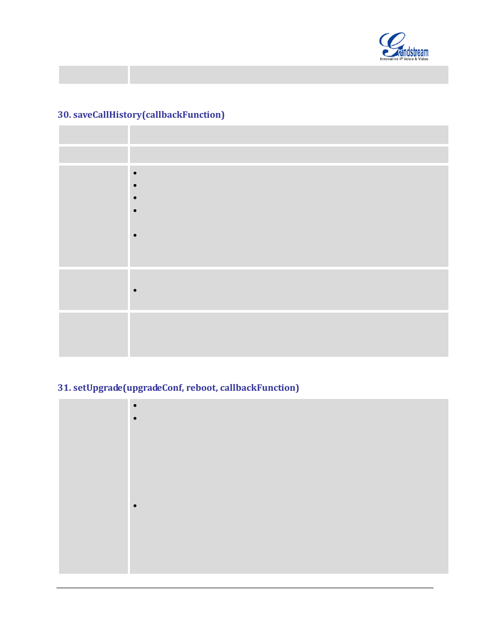 Savecallhistory(callbackfunction), Setupgrade(upgradeconf, reboot, callbackfunction) | Grandstream GXP2200 GMI Web Service Guide User Manual | Page 29 / 39