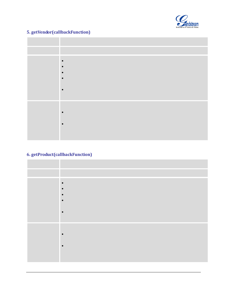Getvendor(callbackfunction), Getproduct(callbackfunction) | Grandstream GXP2200 GMI Web Service Guide User Manual | Page 8 / 39
