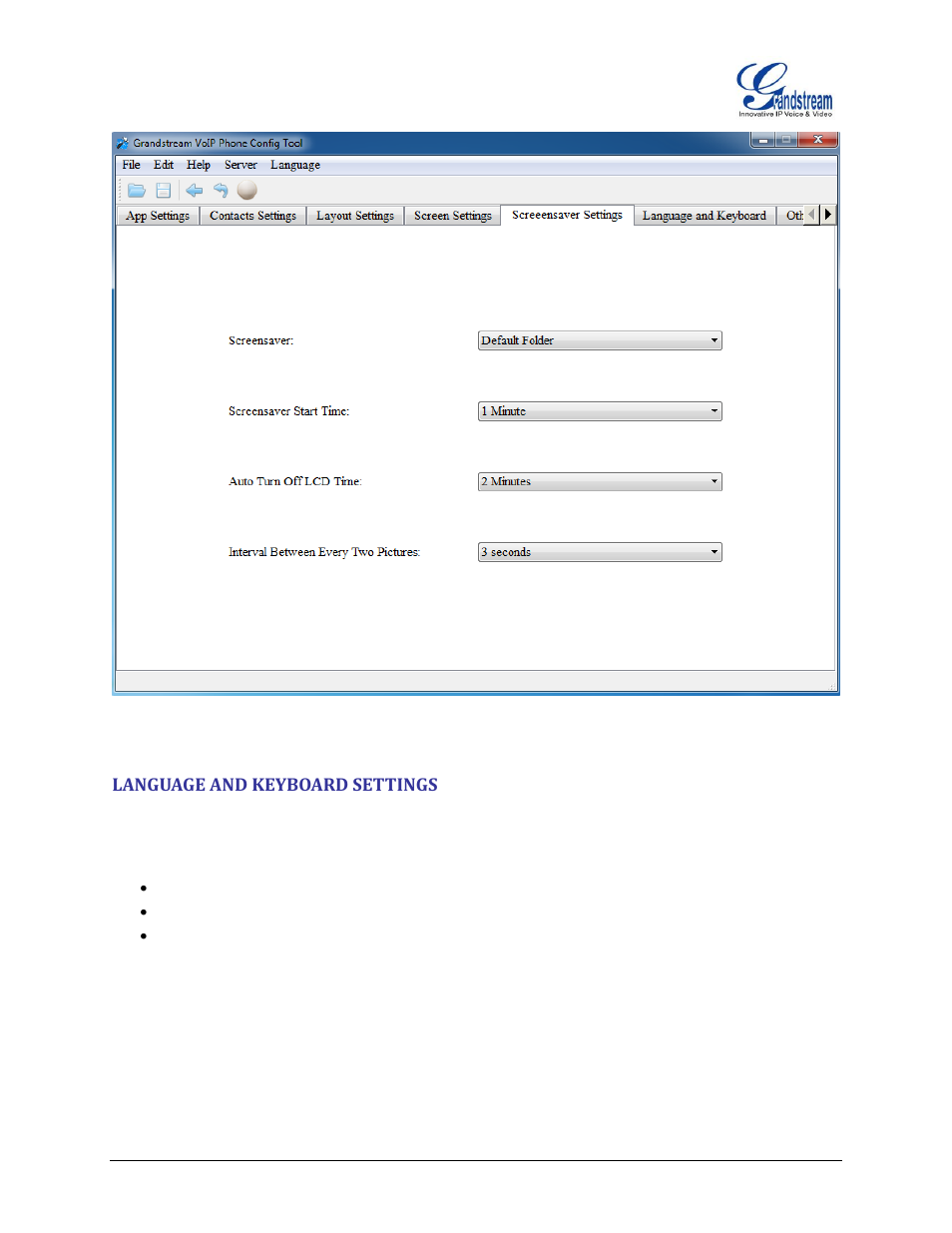 Language and keyboard settings, Figure 12: screensaver settings | Grandstream GXP2200 GUI Customization Guide User Manual | Page 12 / 15