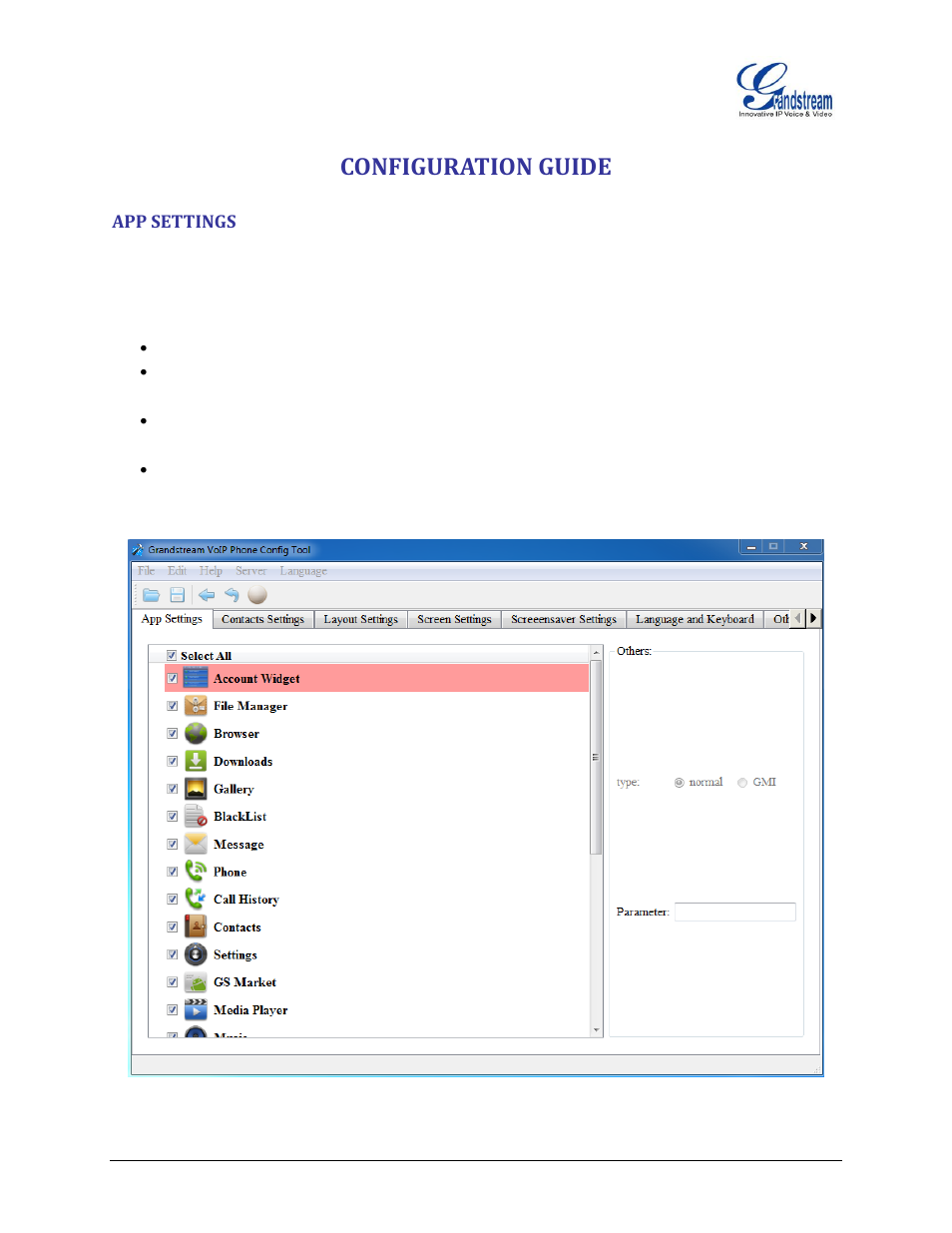 Configuration guide, App settings, Figure 5: app settings | Grandstream GXP2200 GUI Customization Guide User Manual | Page 7 / 15