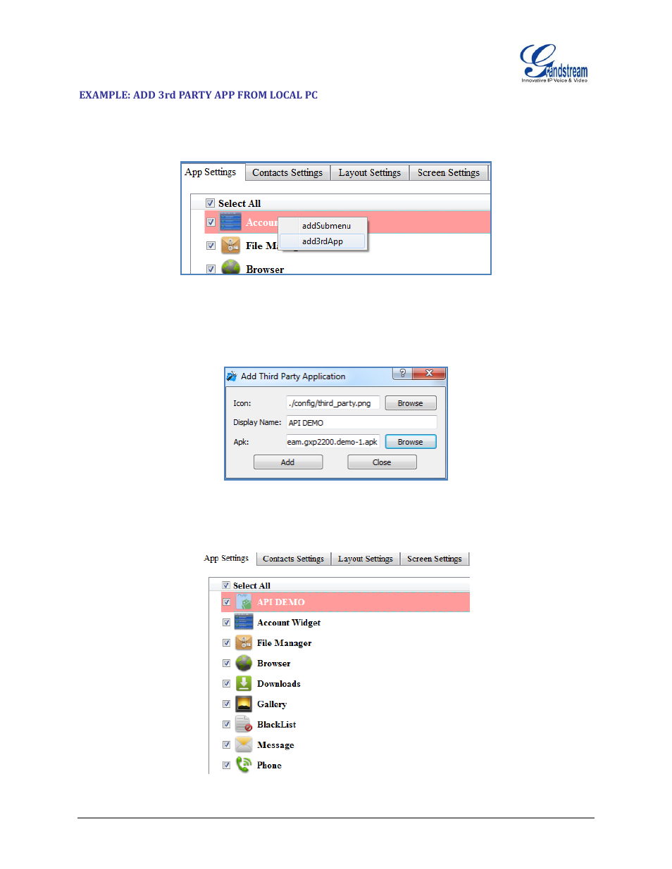 Example: add 3rd party app from local pc, Figure 6: add 3rd party app - step 1, Figure 7: add an app - step 2 | Figure 8: add an app - step 3 | Grandstream GXP2200 GUI Customization Guide User Manual | Page 8 / 15