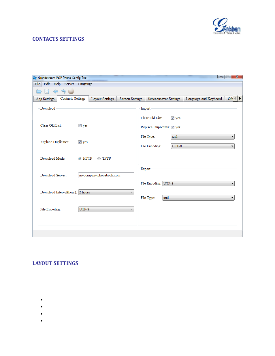 Contacts settings, Layout settings, Figure 9: contacts settings | Grandstream GXP2200 GUI Customization Guide User Manual | Page 9 / 15