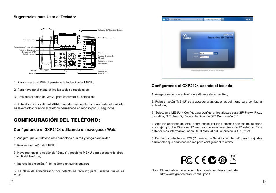 Configuración del teléfono, Sugerencias para usar el teclado, Configurando el gxp2124 usando el teclado | Grandstream GXP2124 Quick Installation Guide User Manual | Page 11 / 23