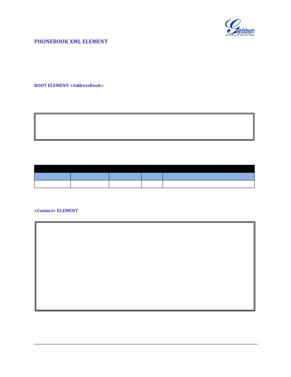 Phonebook xml element, Root element <addressbook, Contact> element | Table 1: <addressbook> element | Grandstream XML Application Guide User Manual | Page 12 / 15