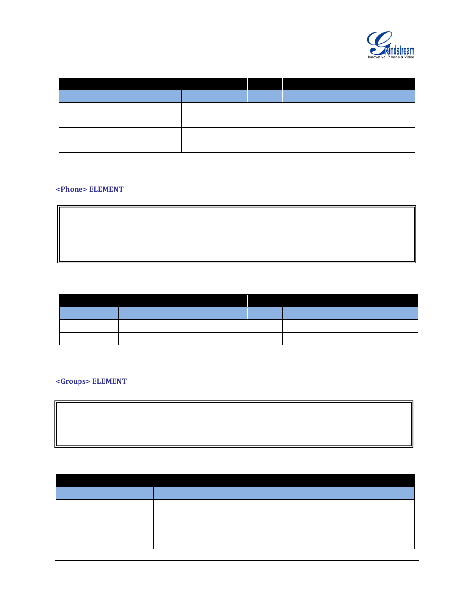 Phone> element, Groups> element, Table 2: <contact> element | Table 3: <phone> element, Table 4: <groups> element | Grandstream XML Application Guide User Manual | Page 13 / 15