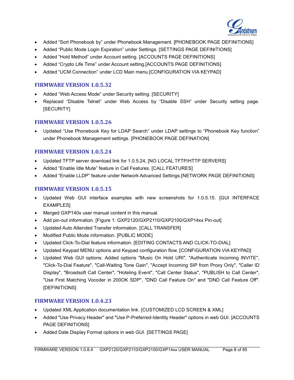 Firmware version 1.0.5.32, Firmware version 1.0.5.26, Firmware version 1.0.5.24 | Firmware version 1.0.5.15, Firmware version 1.0.4.23 | Grandstream GXP21xx Series User Manual User Manual | Page 10 / 87