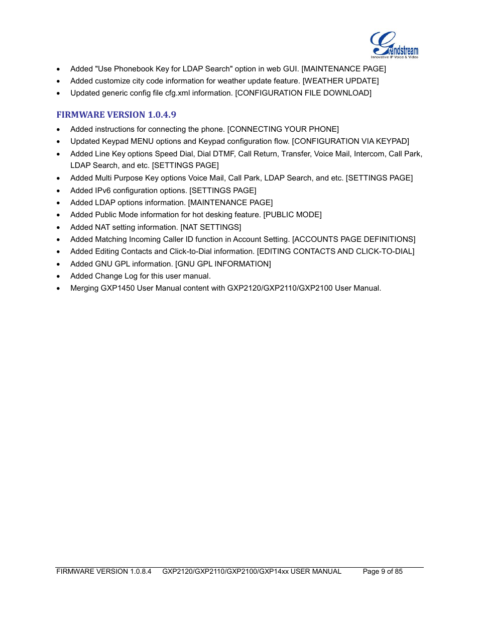 Firmware version 1.0.4.9 | Grandstream GXP21xx Series User Manual User Manual | Page 11 / 87