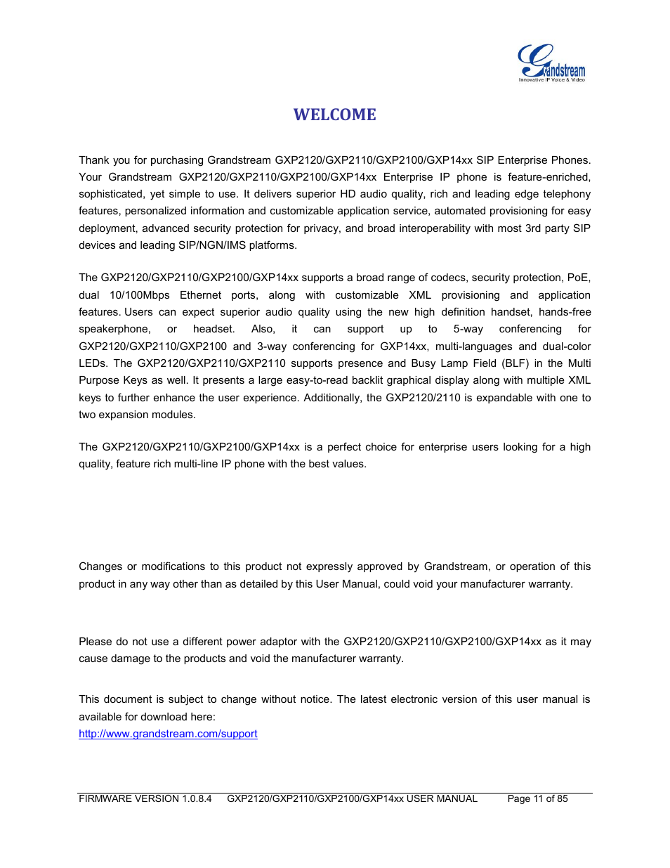 Welcome | Grandstream GXP21xx Series User Manual User Manual | Page 13 / 87