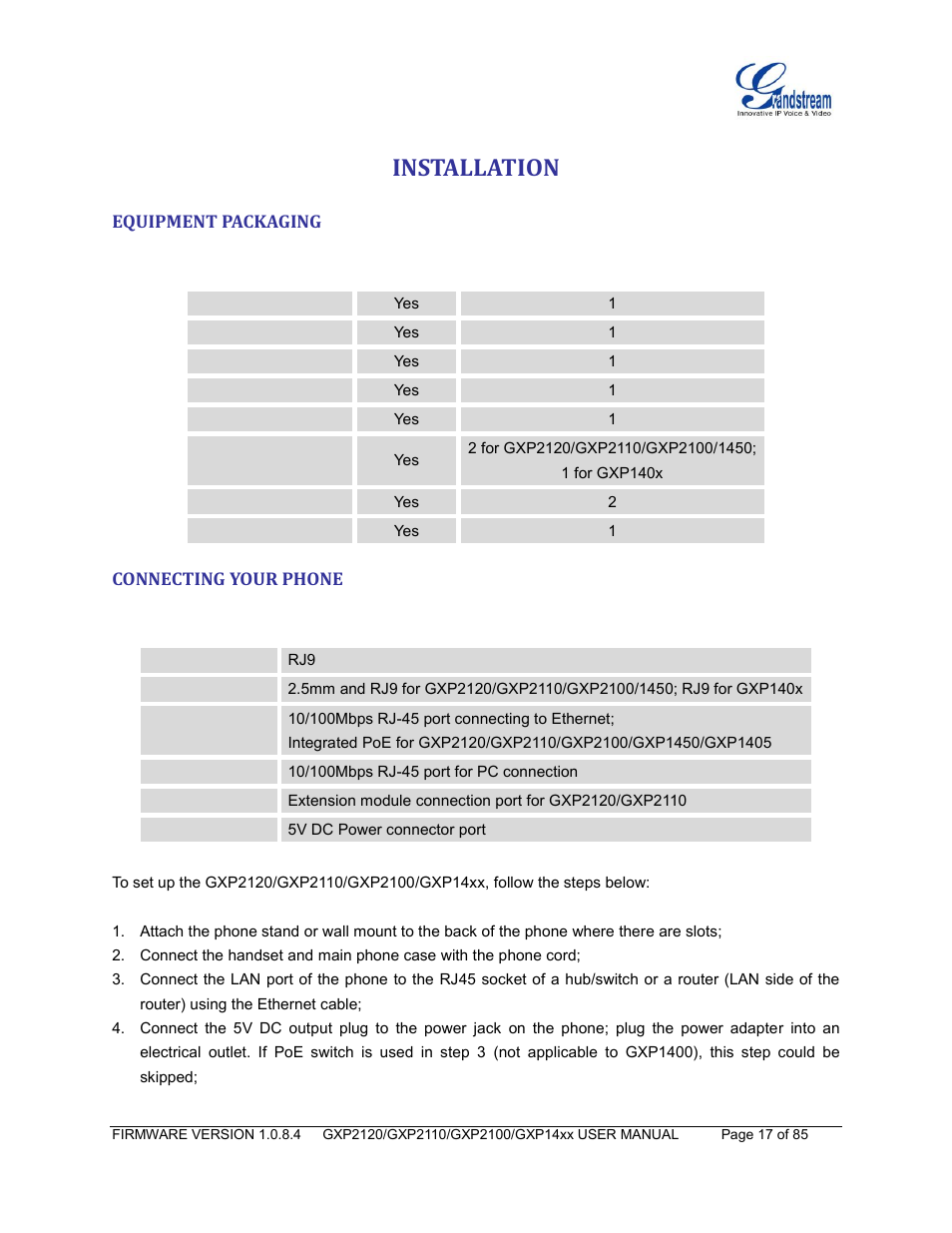 Installation, Equipment packaging, Connecting your phone | Grandstream GXP21xx Series User Manual User Manual | Page 19 / 87