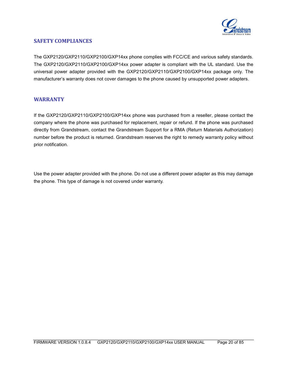 Safety compliances, Warranty | Grandstream GXP21xx Series User Manual User Manual | Page 22 / 87