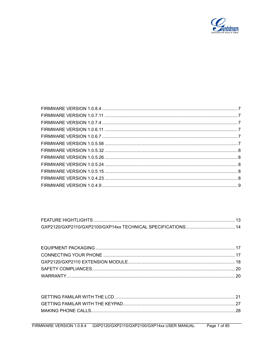Gui interface examples, Gnu gpl information, Change log | Welcome, Product overview, Installation | Grandstream GXP21xx Series User Manual User Manual | Page 3 / 87