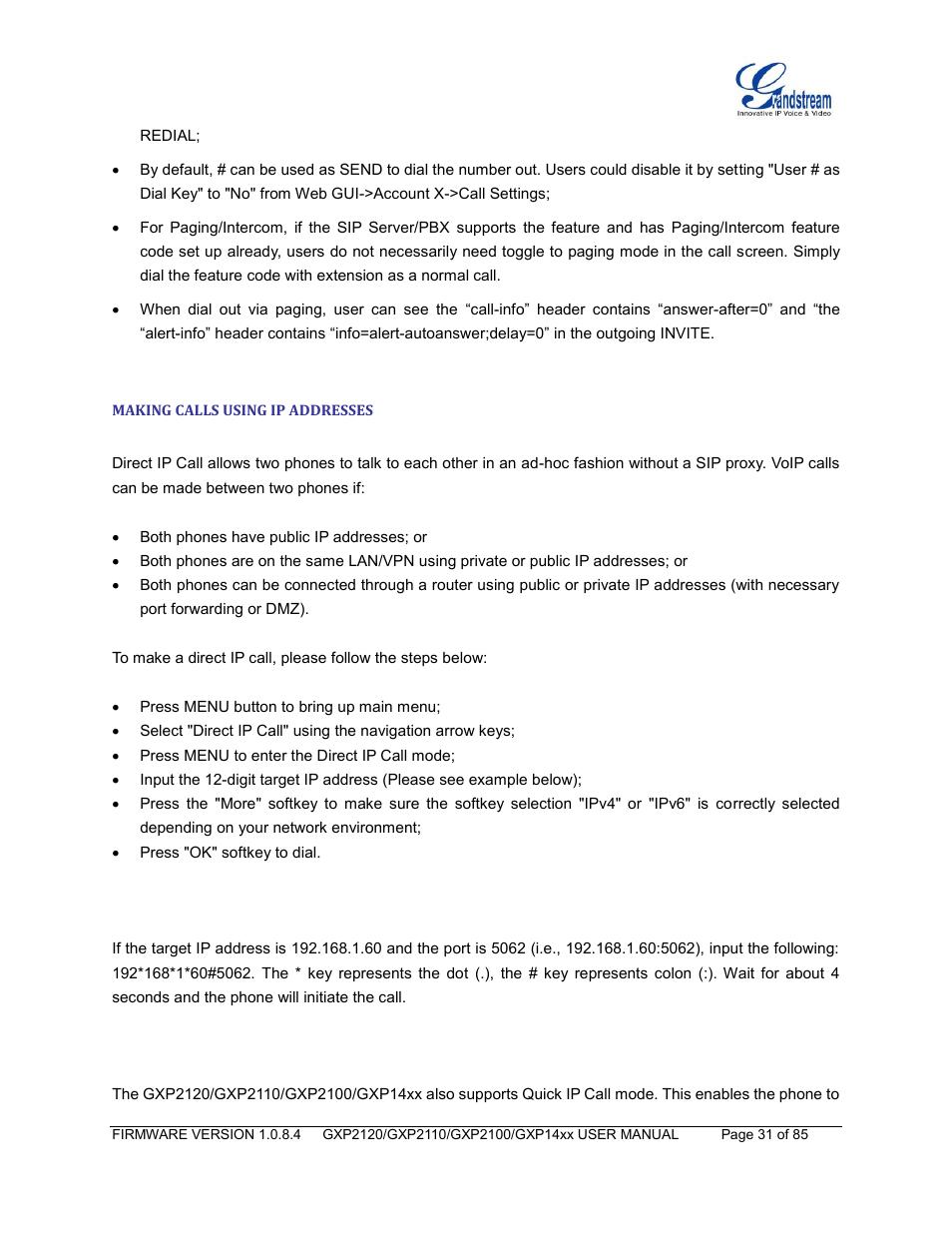 Making calls using ip addresses | Grandstream GXP21xx Series User Manual User Manual | Page 33 / 87