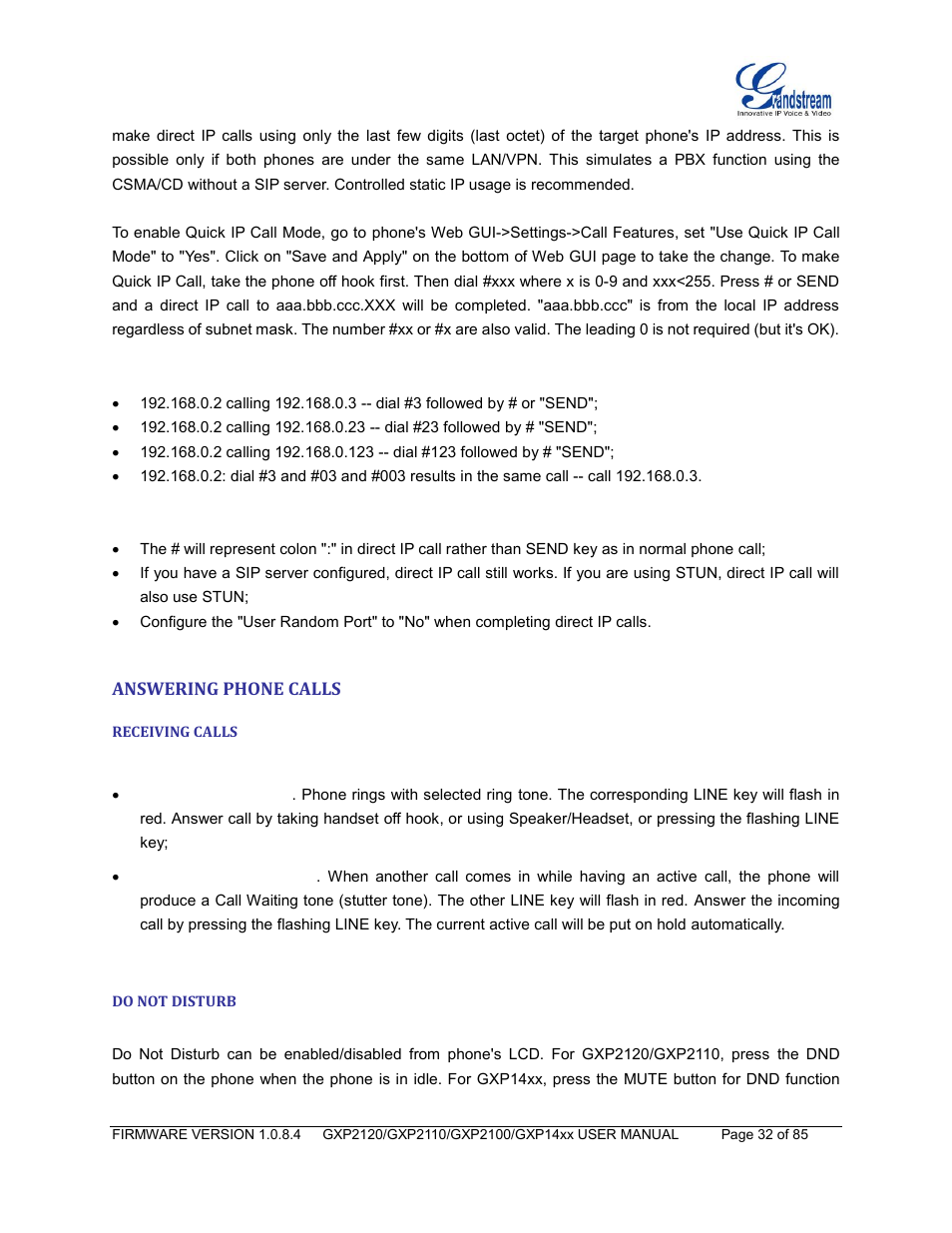 Answering phone calls, Receiving calls, Do not disturb | Grandstream GXP21xx Series User Manual User Manual | Page 34 / 87