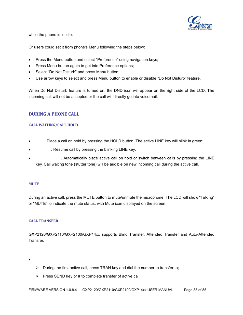During a phone call, Call waiting/call hold, Mute | Call transfer | Grandstream GXP21xx Series User Manual User Manual | Page 35 / 87