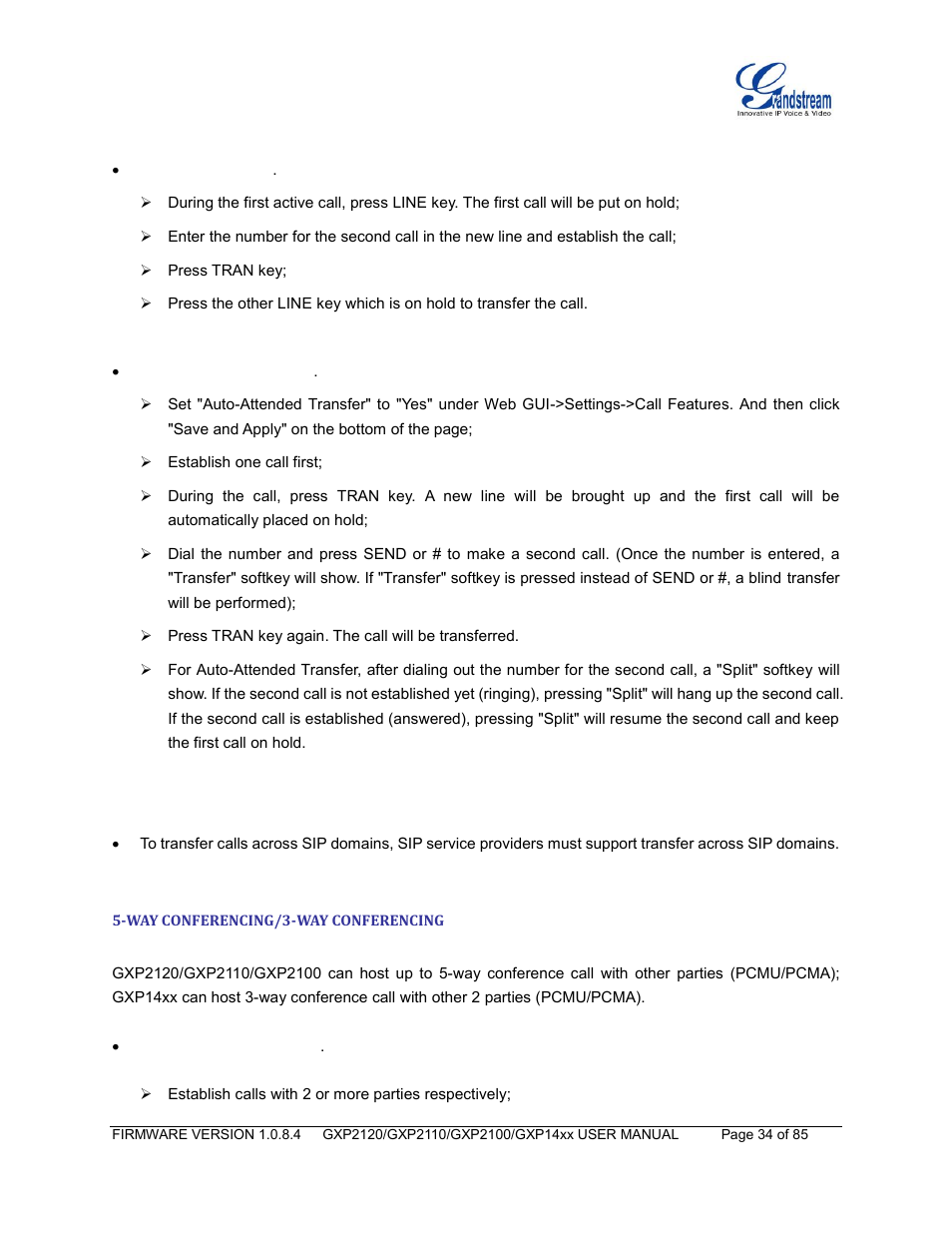 Way conferencing/3-way conferencing | Grandstream GXP21xx Series User Manual User Manual | Page 36 / 87