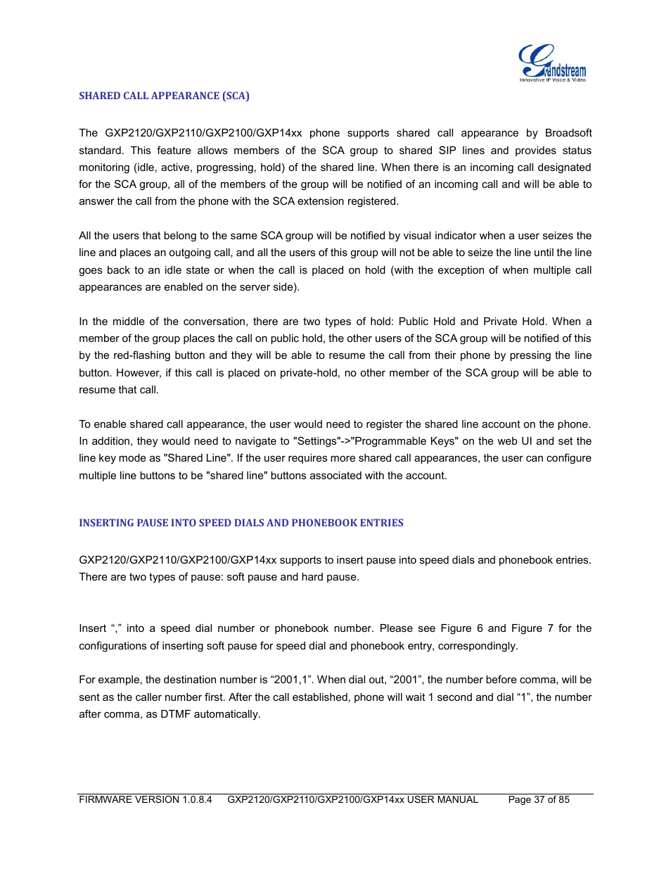 Shared call appearance (sca) | Grandstream GXP21xx Series User Manual User Manual | Page 39 / 87