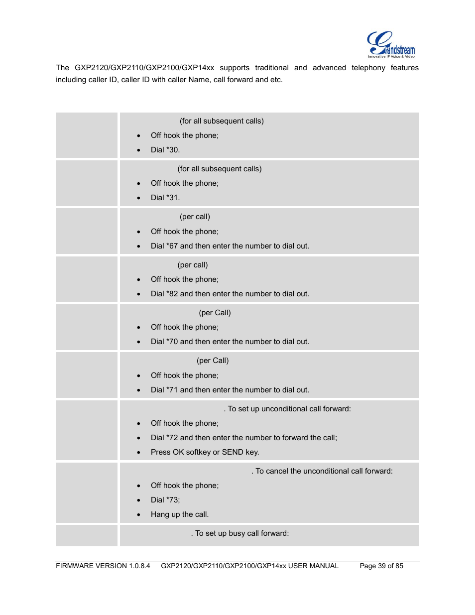Table 10: call features | Grandstream GXP21xx Series User Manual User Manual | Page 41 / 87