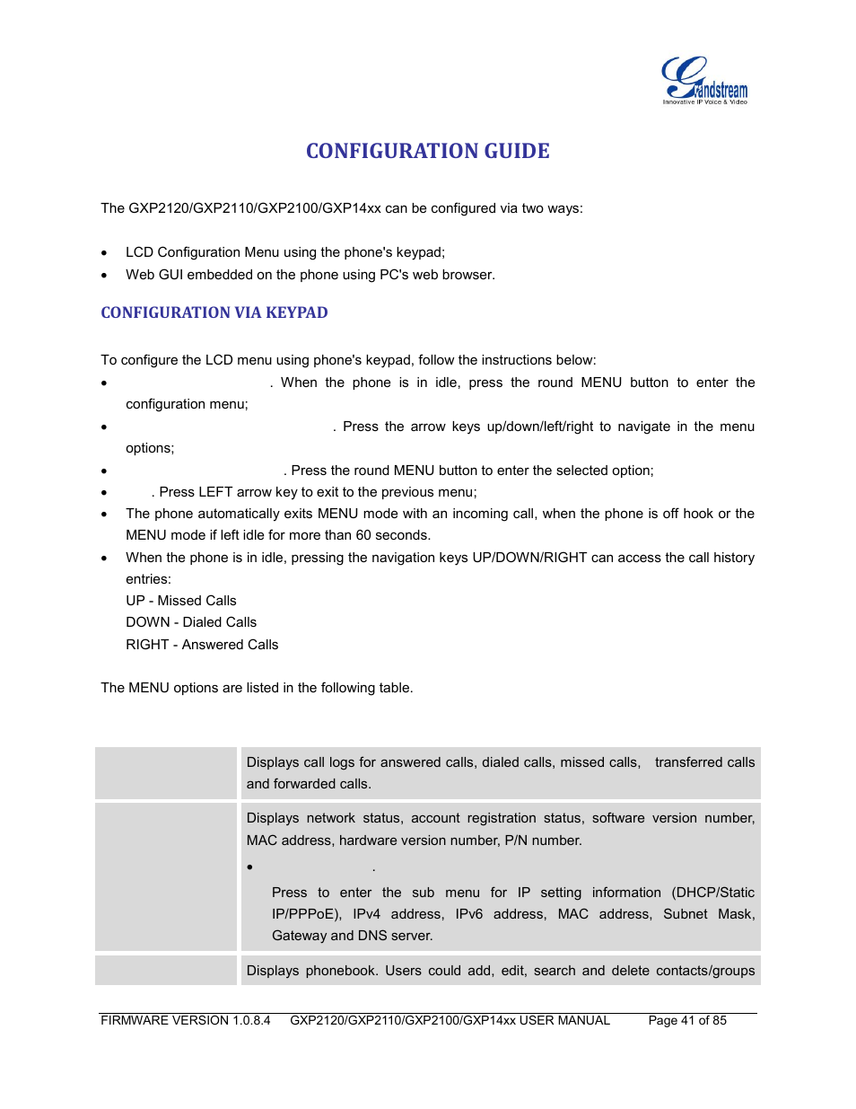Configuration guide, Configuration via keypad, Table 11: configuration menu | U.[configuration via keypad | Grandstream GXP21xx Series User Manual User Manual | Page 43 / 87