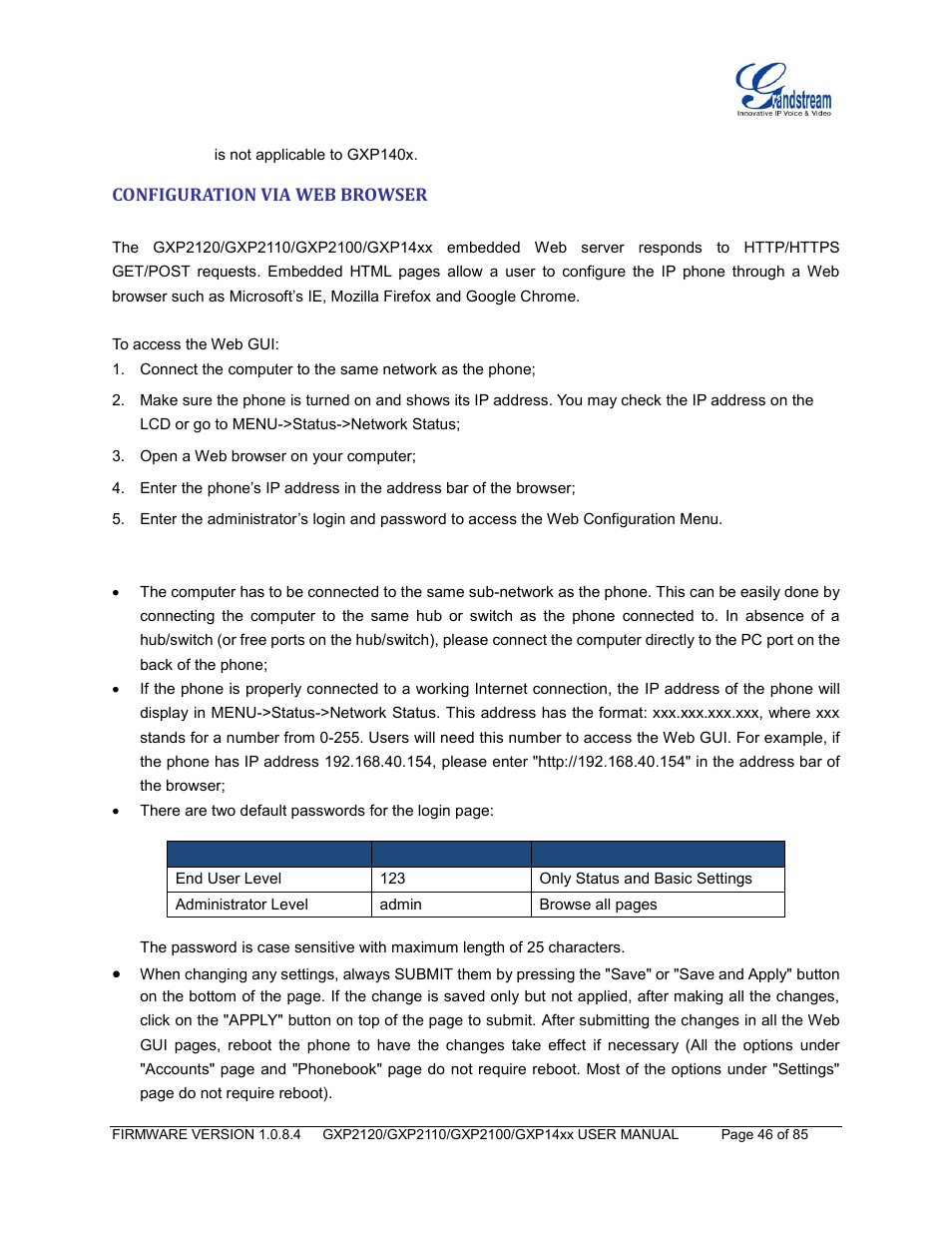 Configuration via web browser | Grandstream GXP21xx Series User Manual User Manual | Page 48 / 87
