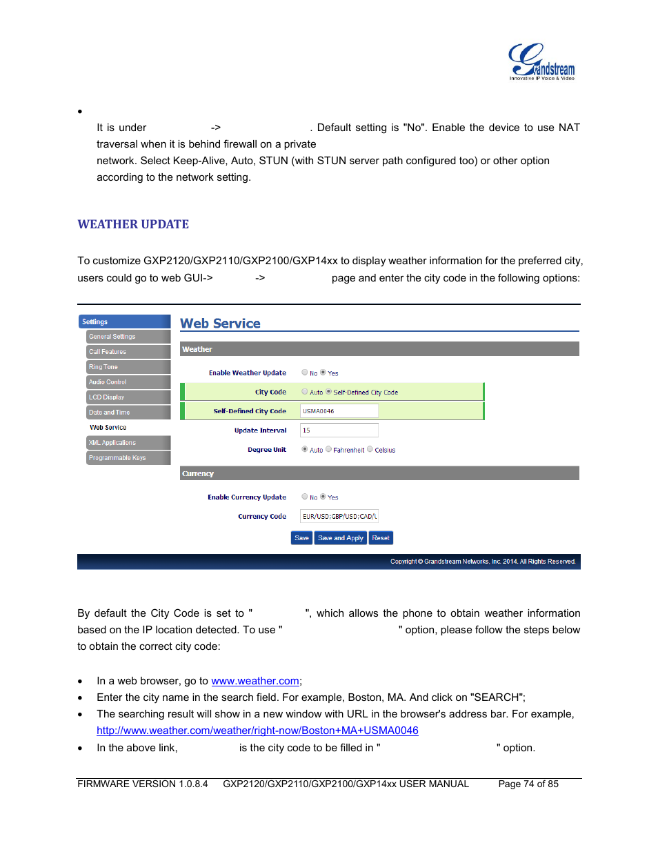 Weather update | Grandstream GXP21xx Series User Manual User Manual | Page 76 / 87